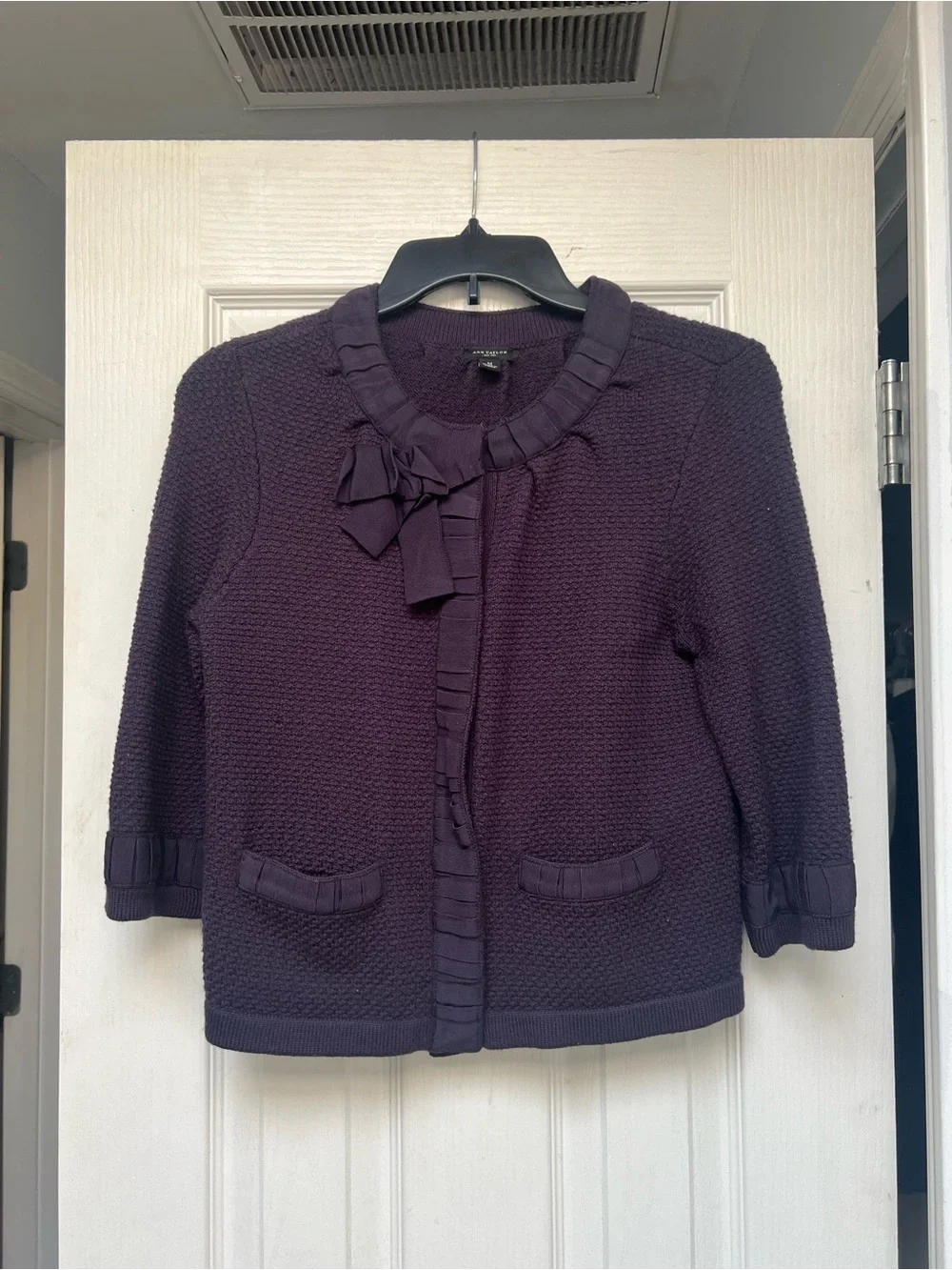 EUC Ann Taylor Plum Knit Cardigan with Neck Bow and pockets size medium - Picture 2 of 9
